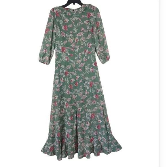 Skies are Blue green maxi dress floral ruffle trim 3/4 sleeves size Medium - Picture 3 of 8